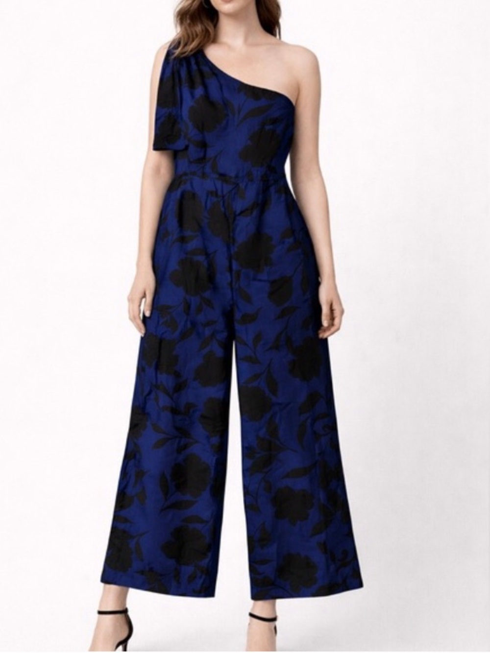 kate spade One-Shoulder Wide-Leg Jumpsuit in Blue and Black Floral